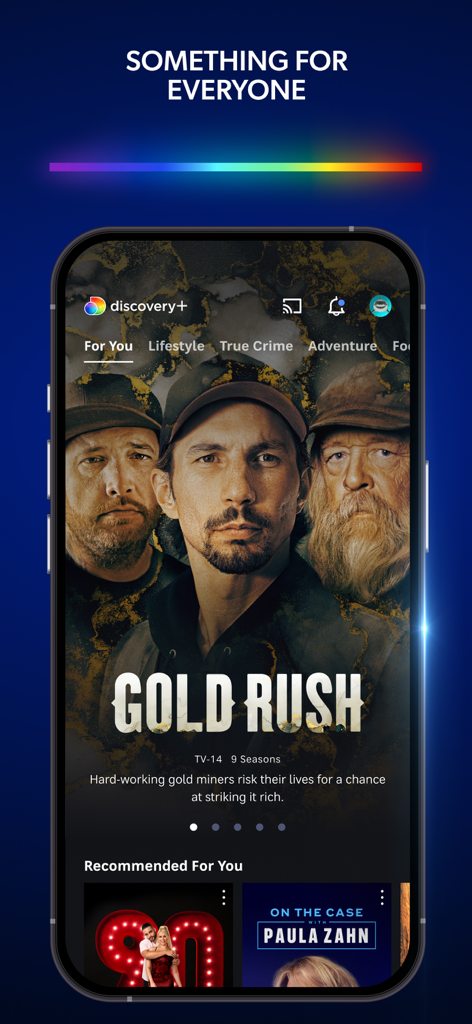 discovery+ | Stream TV Shows - Interfaz de la aplicación de transmisión Discovery plus en un smartphone que muestra programas populares como Gold Rush y 90 Day Fiance.
