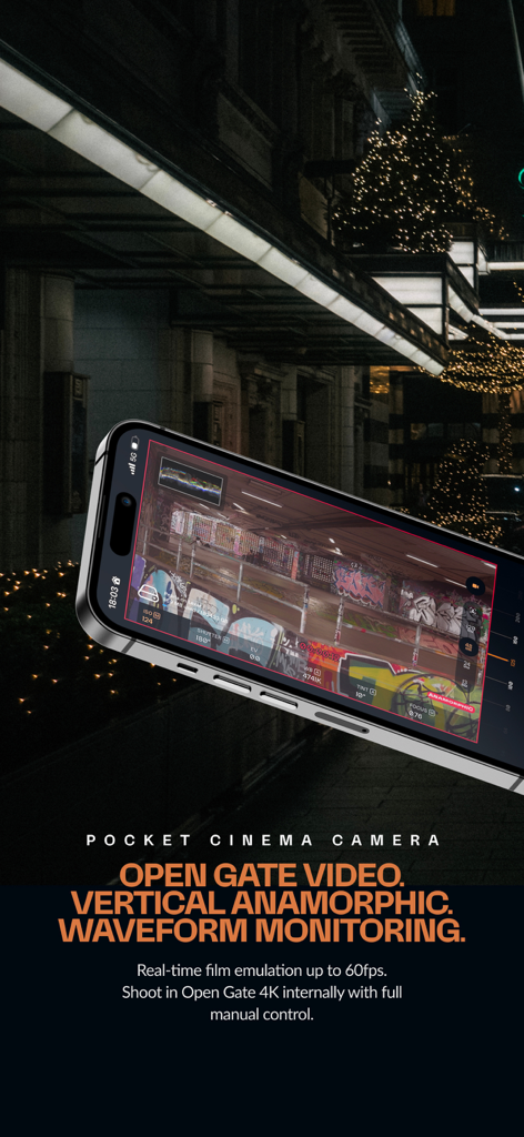 Pearla - Pro Filmic Camera - Pearla Pro Filmic Cameraアプリのインターフェース。波形モニタリングとマニュアルビデオコントロールを表示しています。