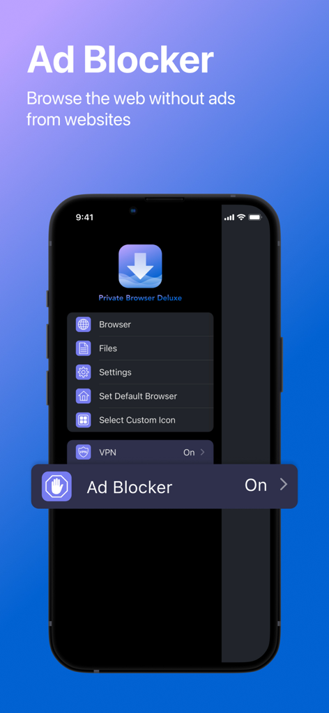 Interfaccia dell'app Private Browser Deluxe che mostra la funzione ad blocker abilitata sullo schermo di uno smartphone.