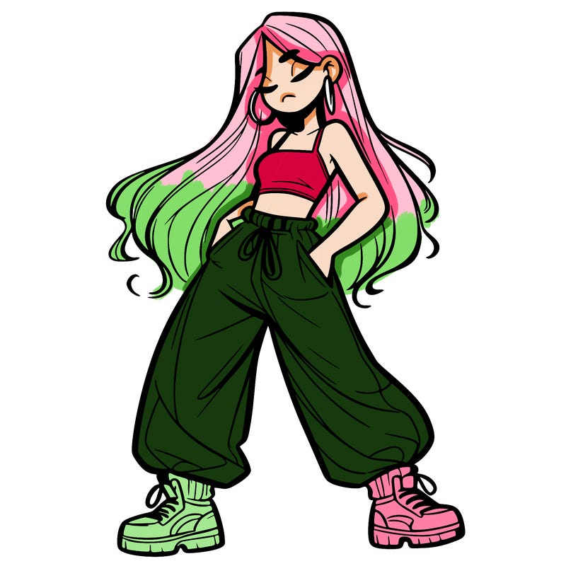 girl in baggy pants crop top and long hair