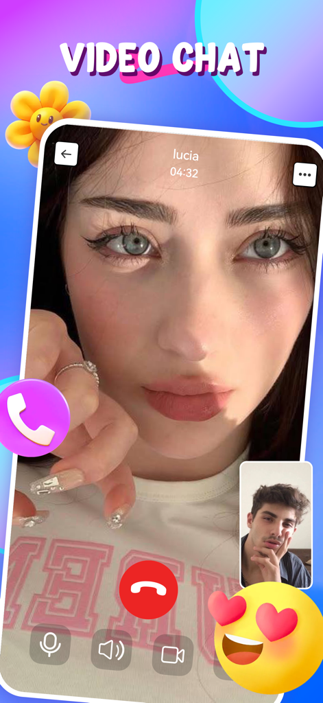 Mobile screen showing a 1-on-1 video chat interface on the Smira app with a young woman and man