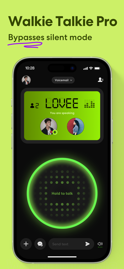 HeyPal - Walkie Talkie Pro - HeyPal Walkie Talkie Pro app interface showing the push to talk button and silent mode override feature.