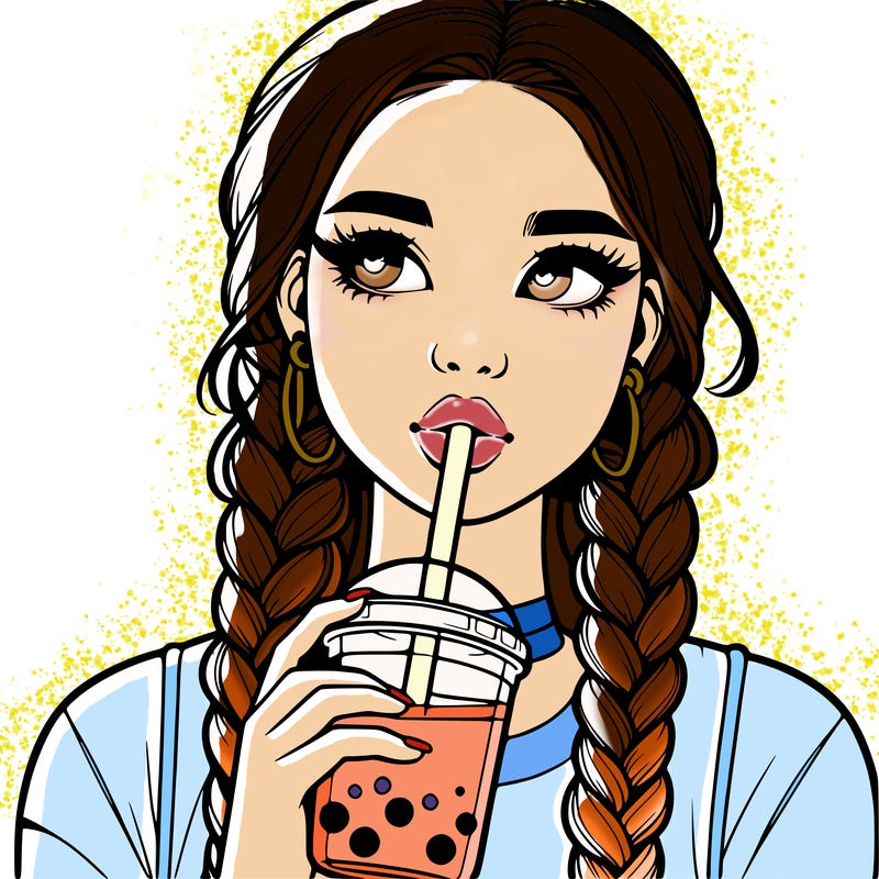 realistic girl with braided hair drinking boba