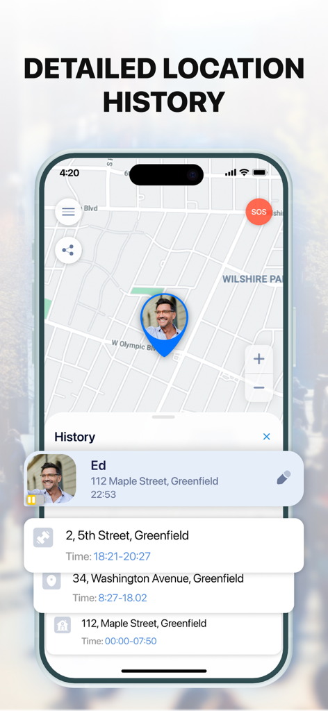 Tela de smartphone exibindo um mapa e uma lista detalhada de histórico de localização no aplicativo Encontre Minha Família