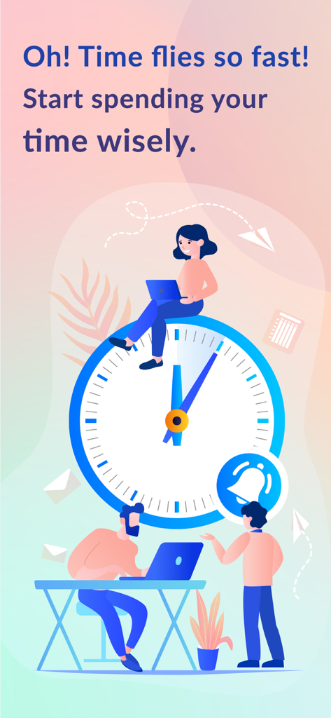 Graphic showing professionals working efficiently around a large clock with a reminder bell icon.