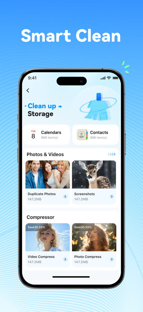 Dr.Fone: Phone Unlock & Rescue - Dr.Fone app interface showing smart storage cleaning features for photos videos and contacts