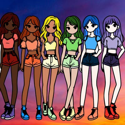a group of girls wearing crop tops and shorts