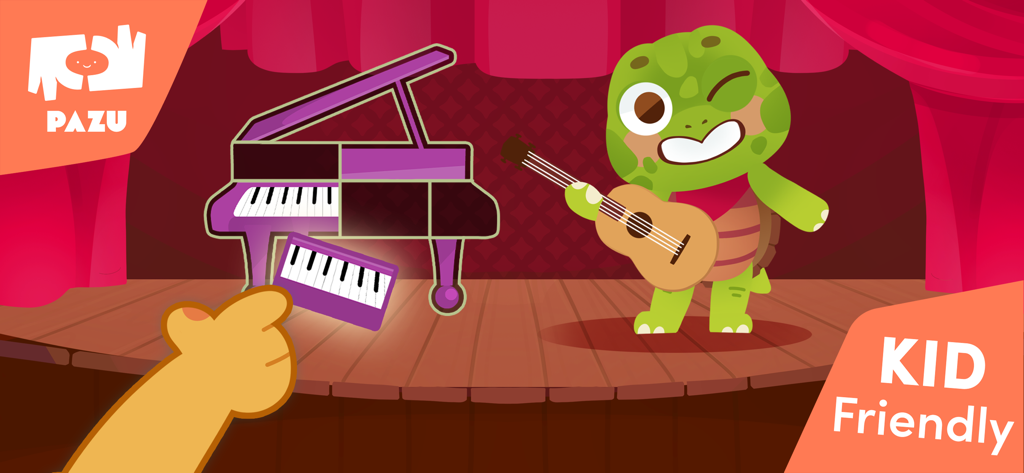Pazu Mini - Games for Toddlers - Musical instrument puzzle game for toddlers featuring a cartoon turtle and piano