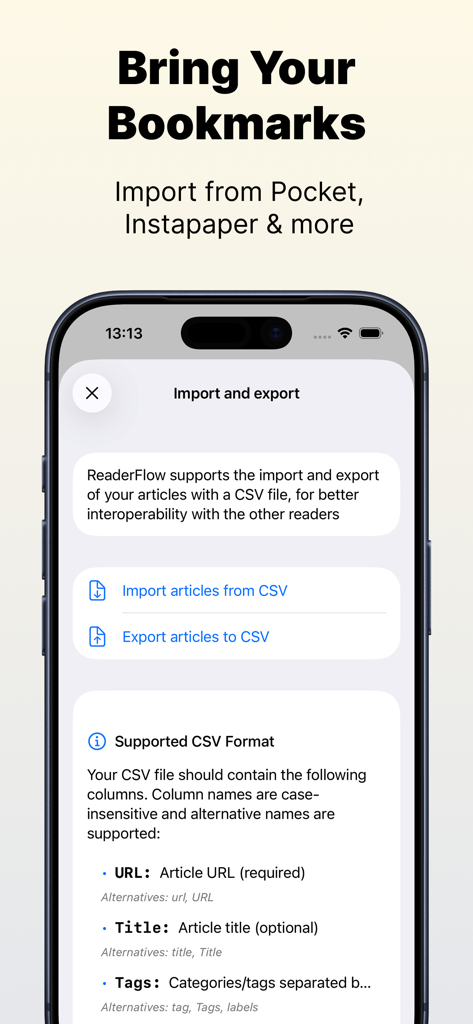 ReaderFlow | Read Later - ReaderFlow app screen showing bookmark import and export options using CSV files