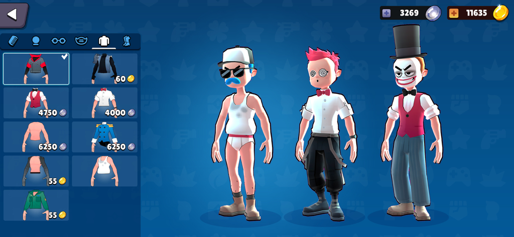 Vortex 9 - shooter games - Charakter-Anpassungsbildschirm in Vortex 9, der drei verrückte Helden-Outfits und verschiedene Kleidungsoptionen zeigt