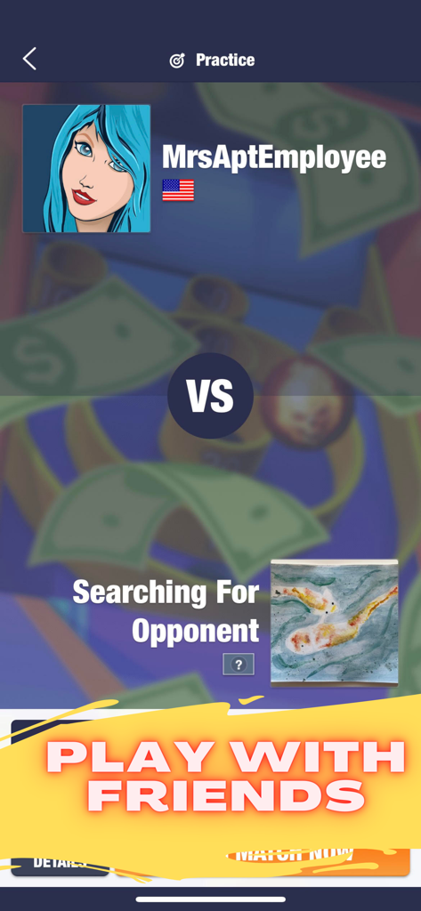 Arcade Bowling Money Games 3D - Arcade Bowling matchmaking screen showing searching for opponent and play with friends banner