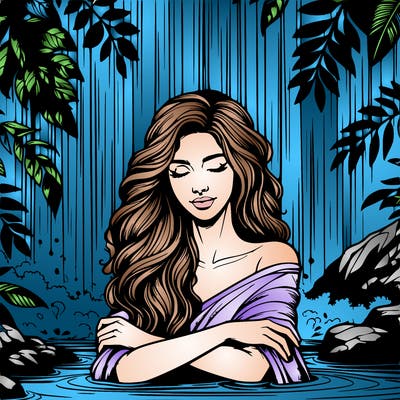 realistic female model under waterfall