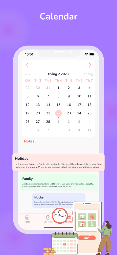 Color Note: Lock Notes Widget - Calendar view in the Color Note app showing dates and color-coded notes below