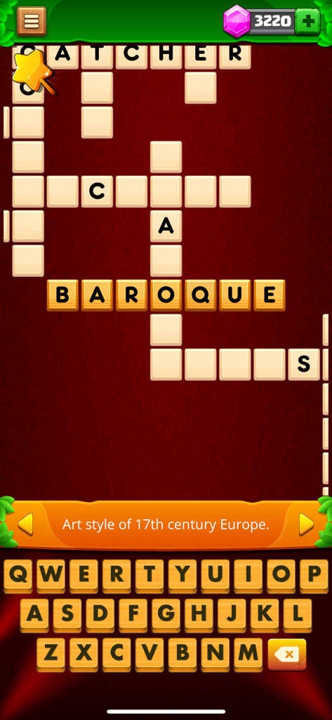 Crossword Master - Word Link - A mobile screenshot of Crossword Master showing a crossword puzzle with wooden letter tiles and a trivia clue