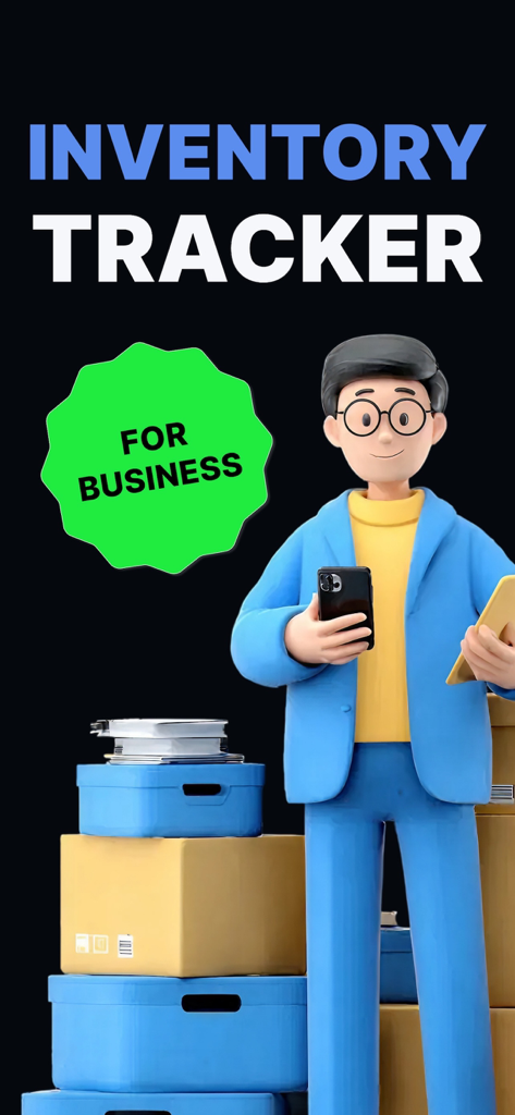 Un personaje 3D administrando stock con un smartphone y una tableta de pie junto a una pila de cajas de entrega