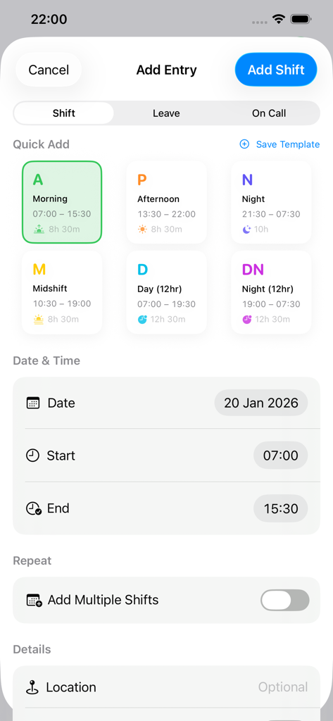 MyRoster - The Add Entry screen of the MyRoster app featuring shift templates for morning afternoon and night.