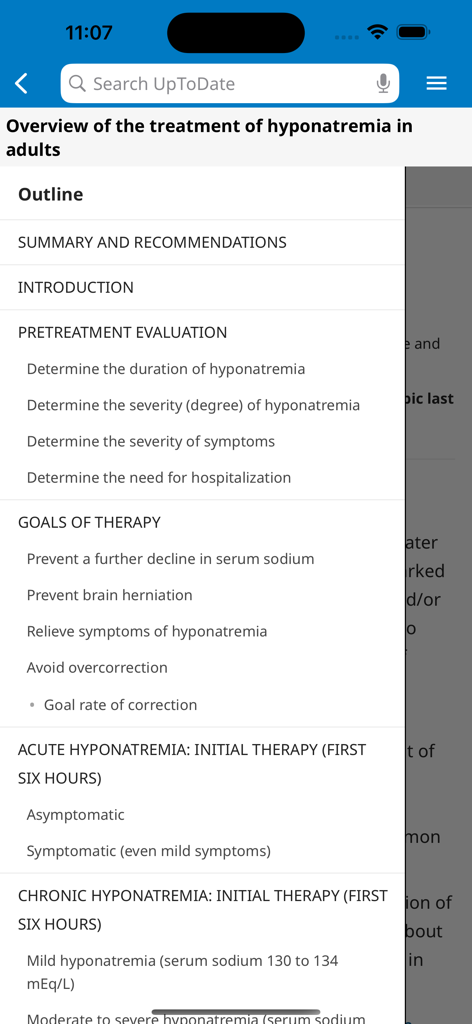UpToDate mobile app screen displaying a clinical outline for the treatment of hyponatremia