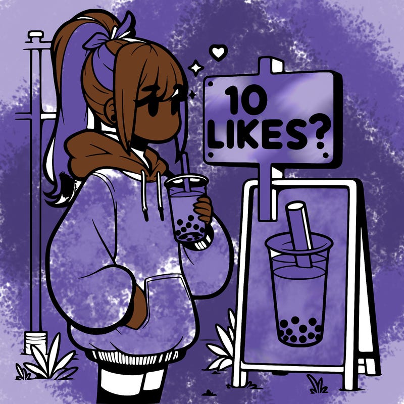 girl with oversized hoodie drinking boba and she has a high ponytail with a sign that says 10likes?