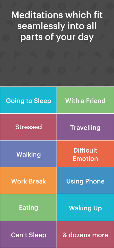 Buddhify app screen showing a grid of colorful meditation categories for different daily activities like walking work break and eating