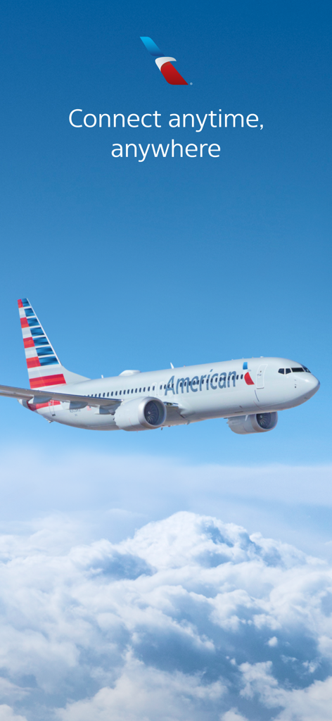 American Airlines plane flying above clouds with text Connect anytime anywhere