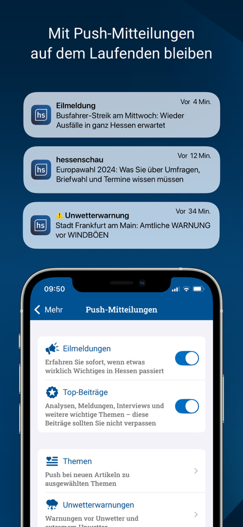 Paramètres de notification push et exemples d'alertes d'actualités dans l'application hessenschau