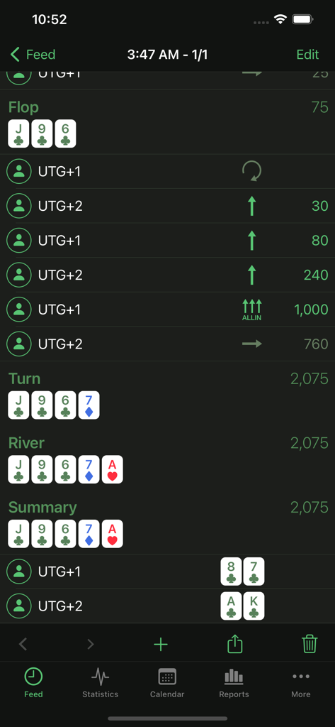 Poker Analytics 6 - Tracker - Un historial de manos de póker detallado que muestra las cartas comunitarias y las acciones de apuesta