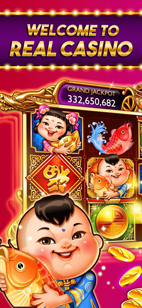 Casino Frenzy app screenshot featuring an Asian themed slot machine with a large jackpot and festive characters.