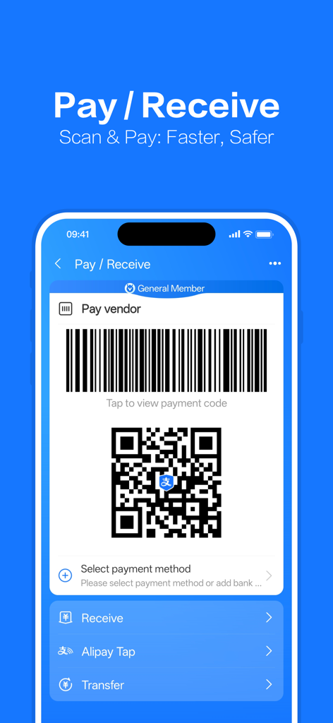 Alipay - Simplify Your Life - Alipayアプリのインターフェース、ベンダー支払い用のQRコードとバーコードを表示