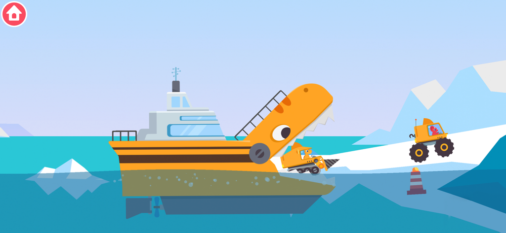 Dinosaur Ocean Explorer Games - A yellow dinosaur-shaped research ship deploying an ice-drill truck onto an arctic glacier.