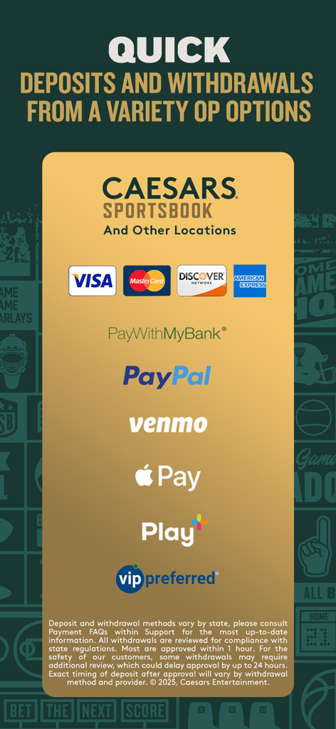 Caesars Sportsbook - Caesars Sportsbookの入出金オプションのリスト。Visa、Mastercard、PayPal、Venmo、Apple Payなどを含みます。