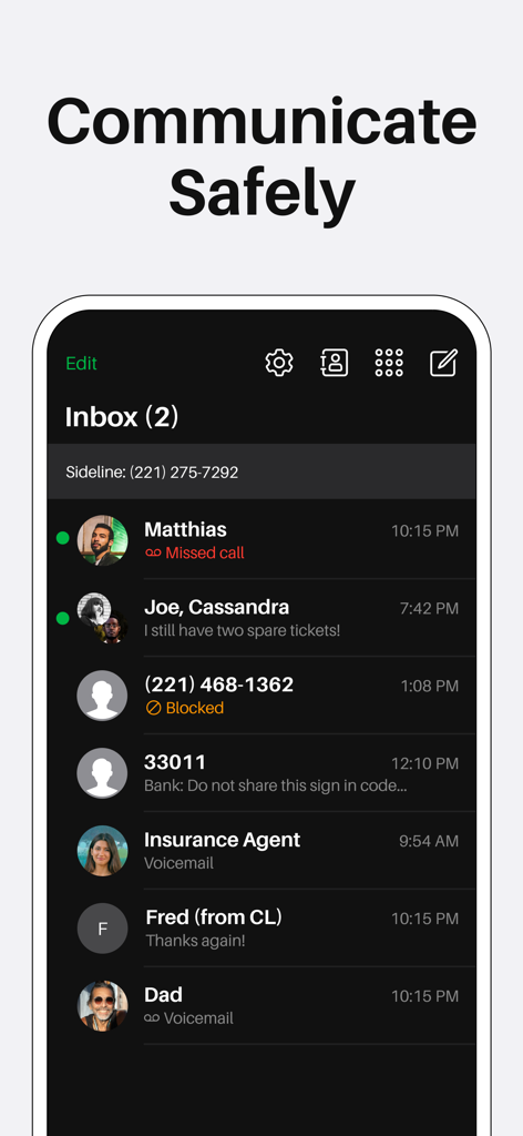 Sideline - Private 2nd Line - Sideline app inbox showing calls and text messages from a second phone line
