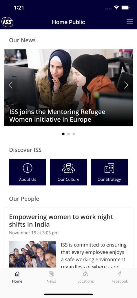 The MyISS app home screen featuring company news and discovery tiles