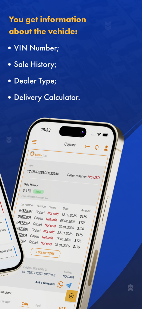 Bidder Tool app exibindo histórico de vendas de veículos, número VIN e cálculo de entrega para um leilão de carros