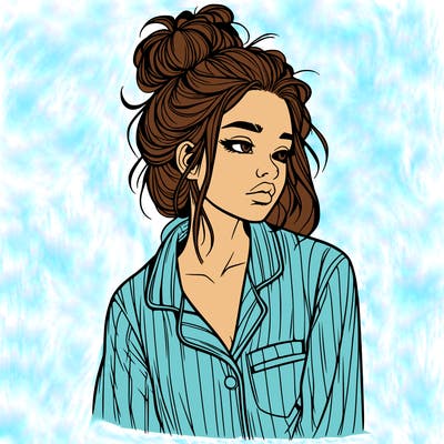 realistic woman with pajamas on and a messy bun