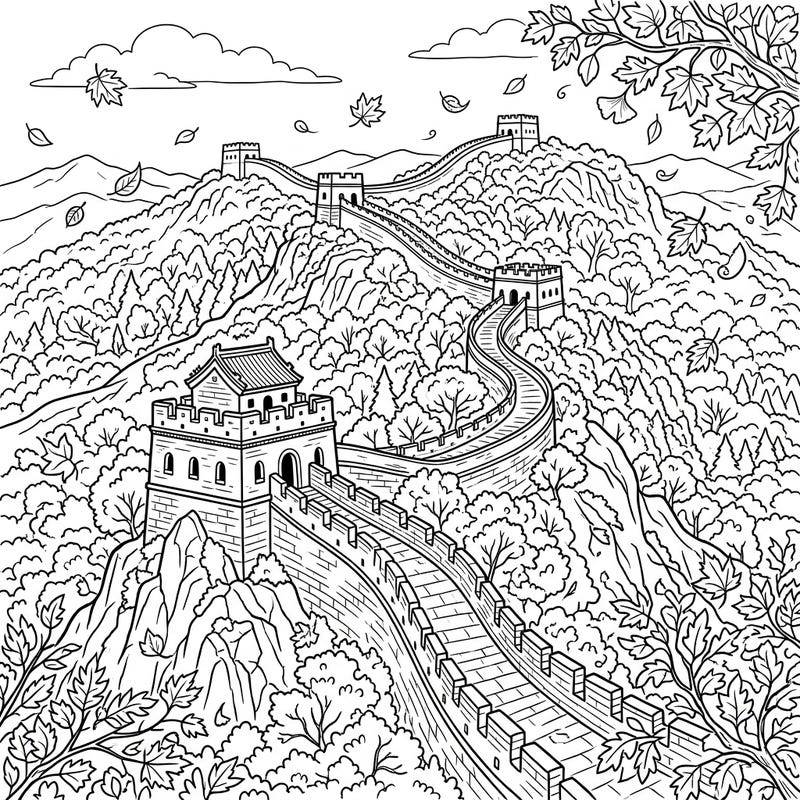 Immerse yourself in the grandeur of the Great Wall of China set against a beautiful autumn backdrop. This captivating coloring page combines history with the vibrant spirit of fall.