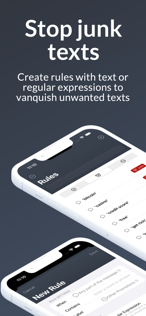 iPhone screen showing Bouncer app custom rules for blocking junk texts like bitcoin and casino spam