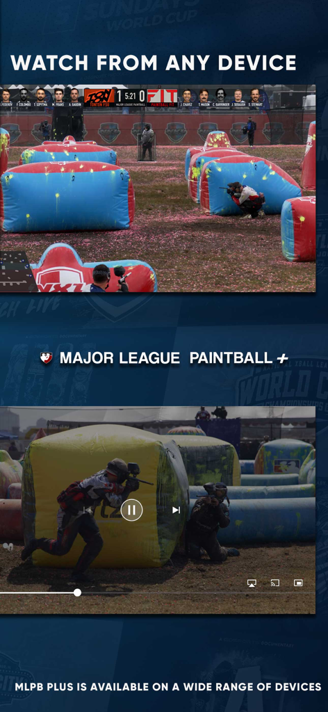 Interface of the Major League Paintball Plus app showing live match streaming and multi-device compatibility.
