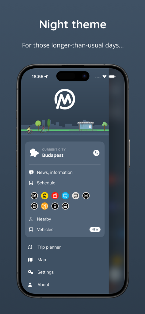 MenetrendApp Nachtmodus-Oberfläche mit Nahverkehrsoptionen und Routenplanung für Budapest