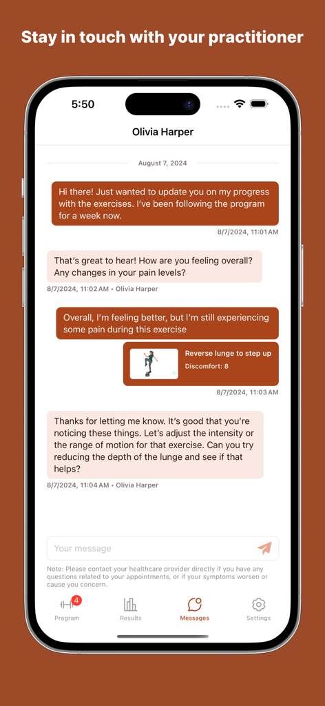Virtual Lucy - Una interfaz de mensajería dentro de la aplicación Virtual Lucy mostrando una conversación entre un paciente y un profesional sobre el progreso del ejercicio.