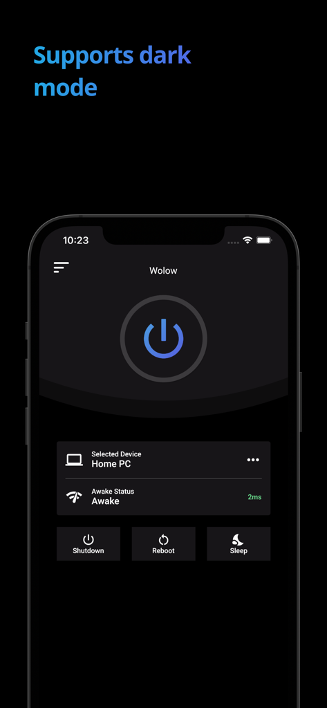 Screenshot of the Wolow app in dark mode showing remote PC power controls including shutdown, reboot, and sleep buttons.