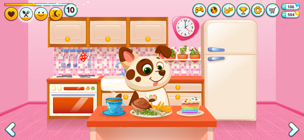 Duddu - My Virtual Pet Dog - Duddu, o cão de estimação virtual, sentado à mesa em uma cozinha rosa com comida e bolo