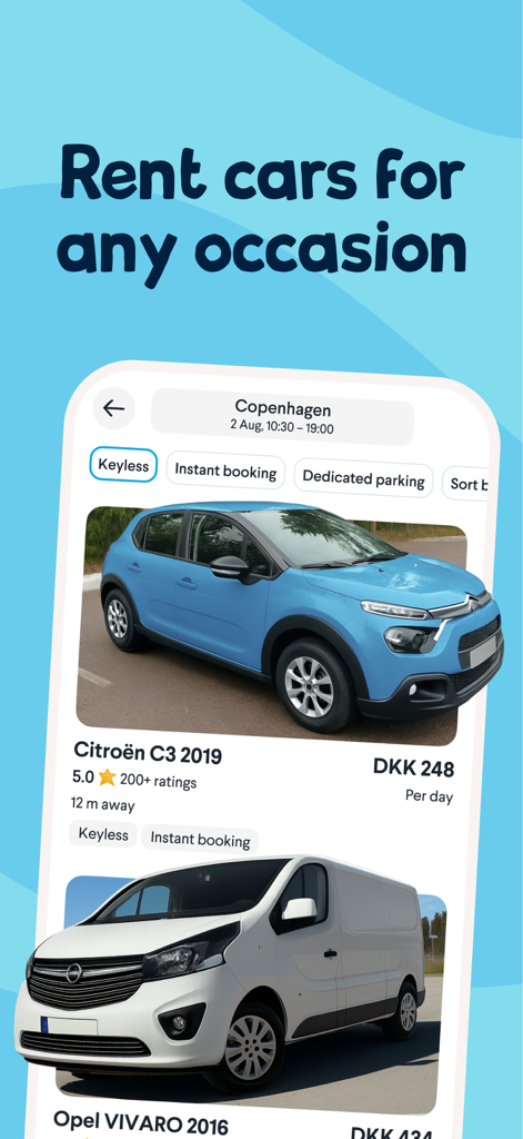 GoMore | Car rental - The GoMore app interface showing car rental listings in Copenhagen including a Citroen C3 and Opel Vivaro with pricing and features.