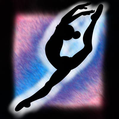 gymnast doing a leap in a leotard with a bent back leg