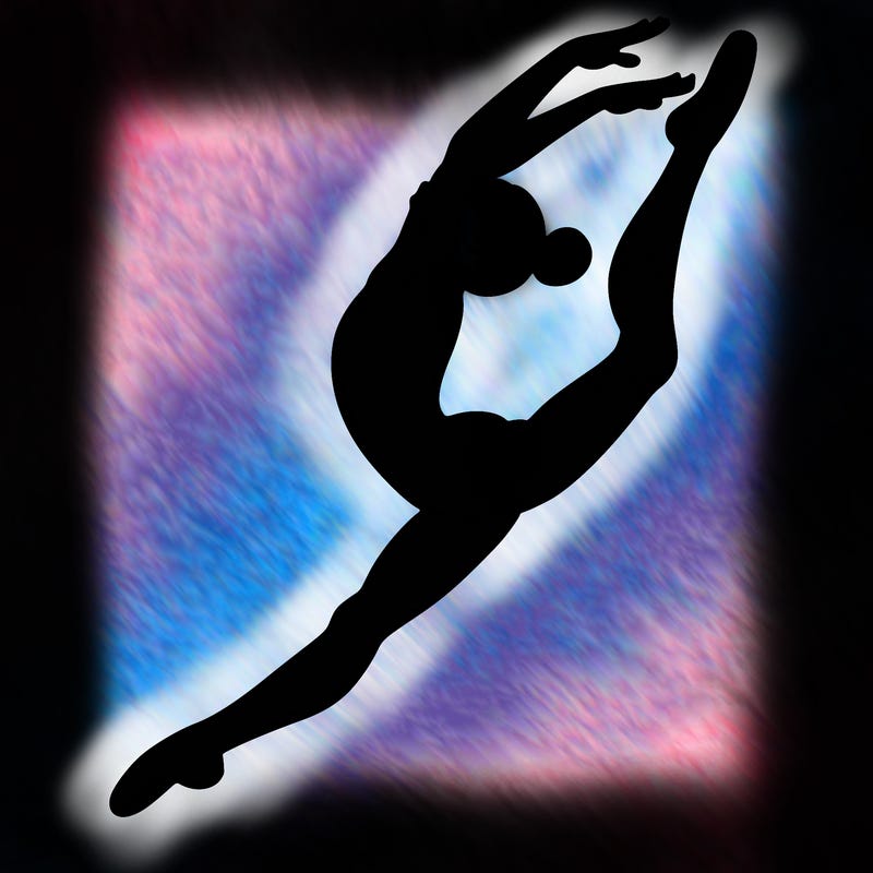 gymnast doing a leap in a leotard with a bent back leg