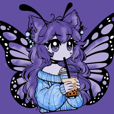 a realistic butterfly/furry girl drinking boba