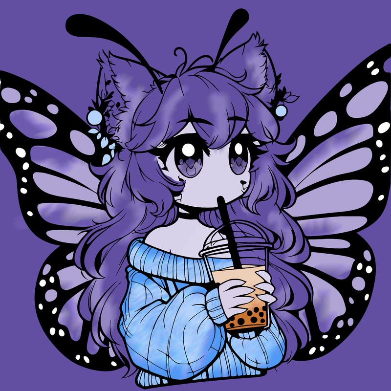 a realistic butterfly/furry girl drinking boba