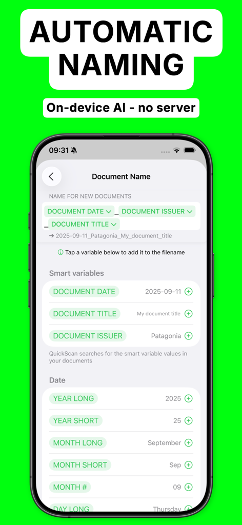 QuickScan app screen showing automatic document naming options with smart variables