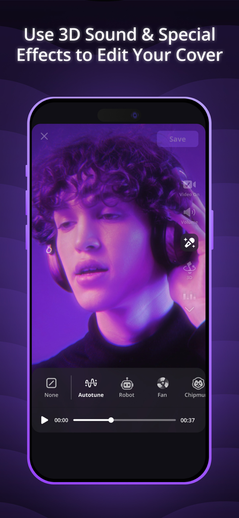 Mixit: Sing & Create Covers - A person using the Mixit app to edit a music cover with 3D sound and voice effects like autotune and robot