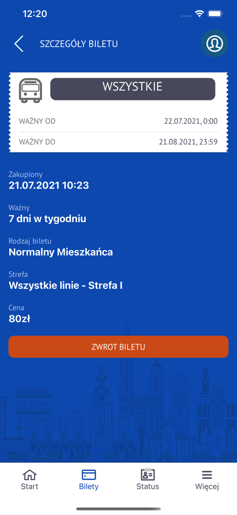 mobilna KKM - Aplicación Mobile Krakow City Card mostrando los detalles de un billete de transporte de residente comprado con fechas de validez y precio.