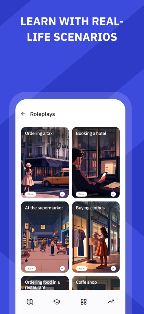 Écran de l'application mobile Talkpal montrant des scénarios réalistes d'apprentissage des langues par jeux de rôle